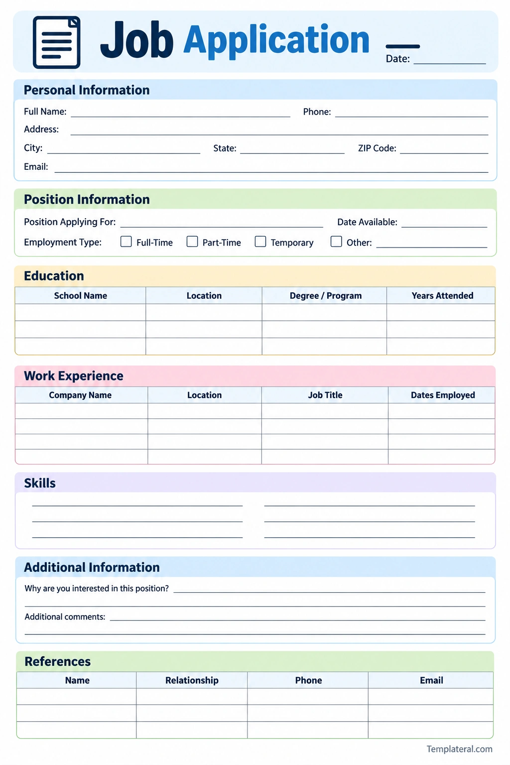 Job Application Template Printable job application template with personal information, education, work experience, skills, and references sections