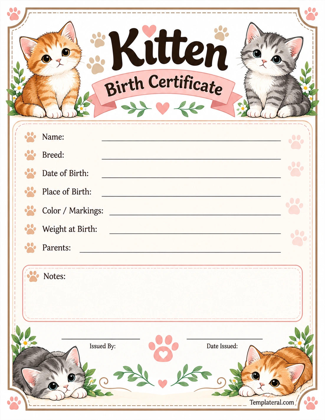 Kitten Birth Certificate Template