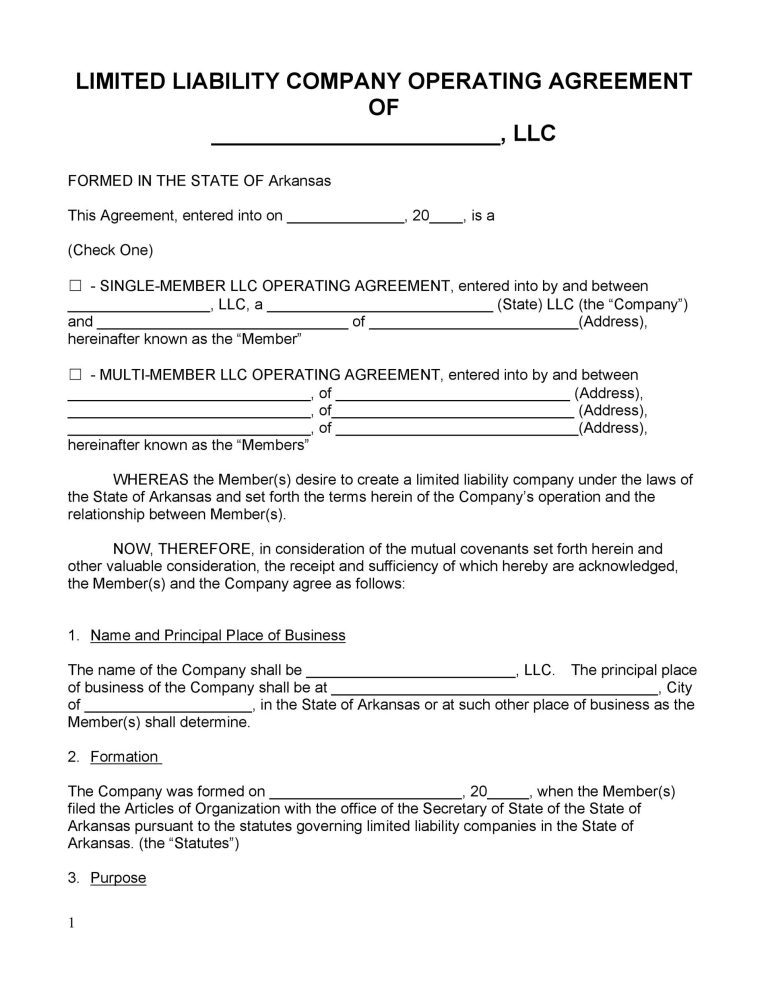 √ Printable LLC Operating Agreement Template