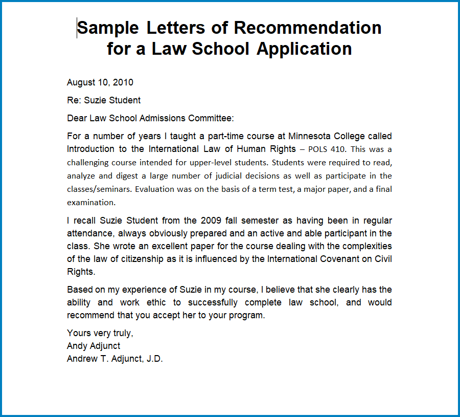 Law School Letter Of Recommendation Template