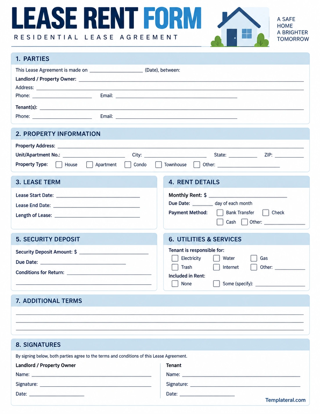 Lease Rent Form Printable lease rent form template with landlord, tenant, property, rent, lease term, deposit, utilities, and signature sections