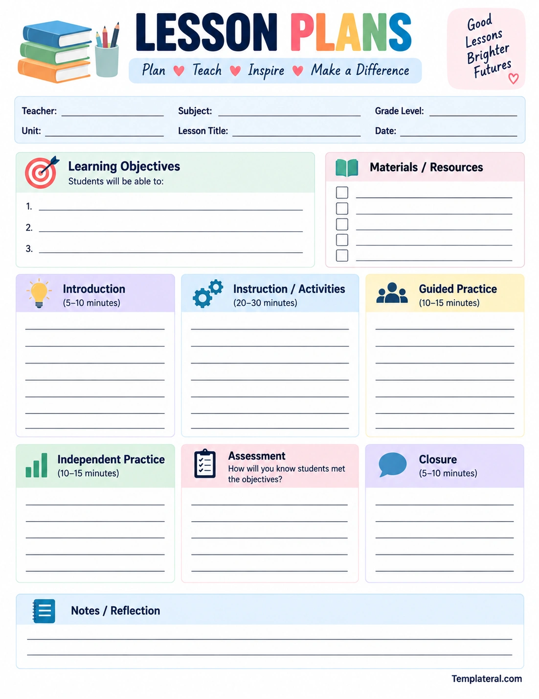 Lesson Plans Template Printable lesson plans template with learning objectives, materials, activities, assessment, and reflection sections