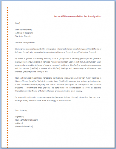 √ Free Printable Letter Of Recommendation For Immigration