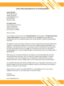 Letter of Recommendation for a Friend Template