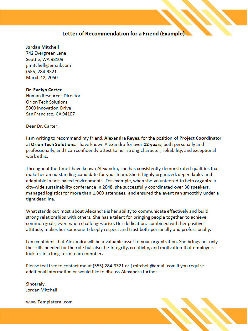 Letter of Recommendation for a Friend Template Letter of Recommendation for a Friend Template
