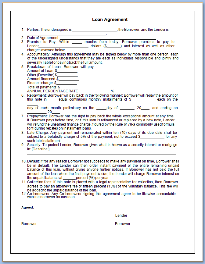 Free Printable Loan Contract Template