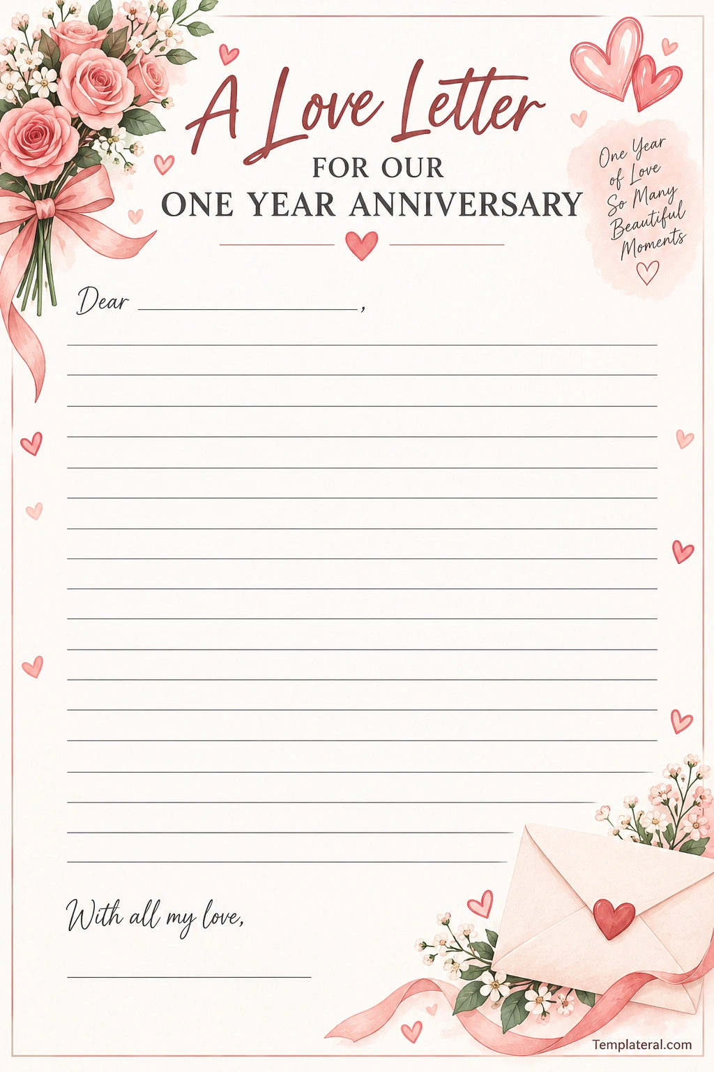 Love Letters For One Year Anniversary Printable love letter template for a one year anniversary with romantic floral border, writing lines, greeting, and signature section