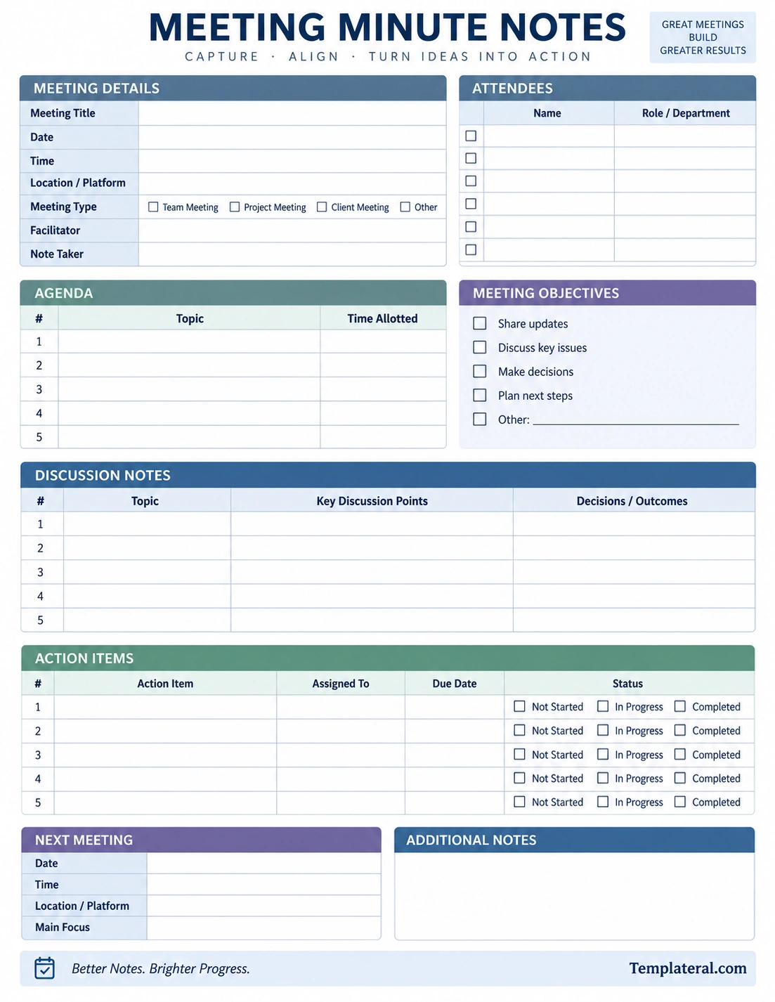 Meeting Minute Notes Template Printable meeting minute notes template with meeting details, agenda, discussion notes, decisions, and action items