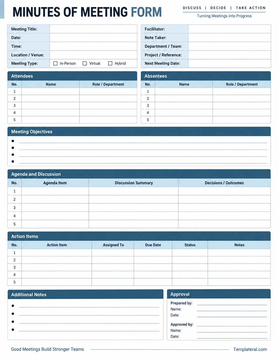 Minutes of Meeting Form Printable minutes of meeting form template with meeting details, attendees, agenda, discussion, decisions, action items, notes, and approval sections