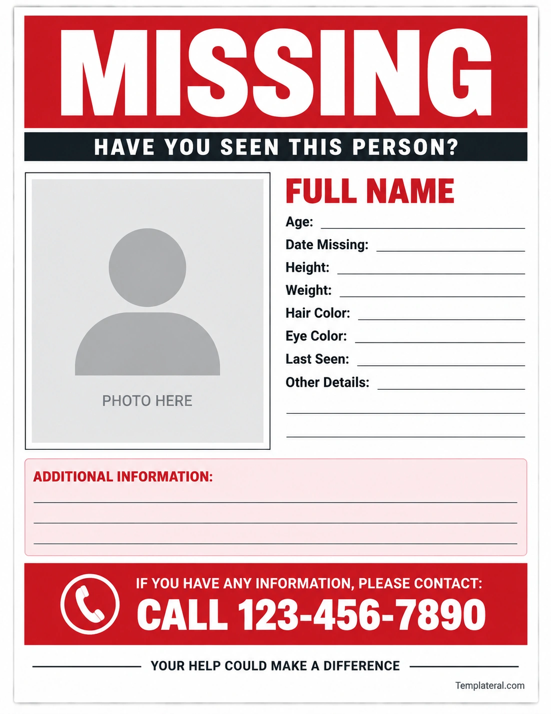 Missing Poster Printable missing poster template with photo area, identifying details, additional information, and contact section