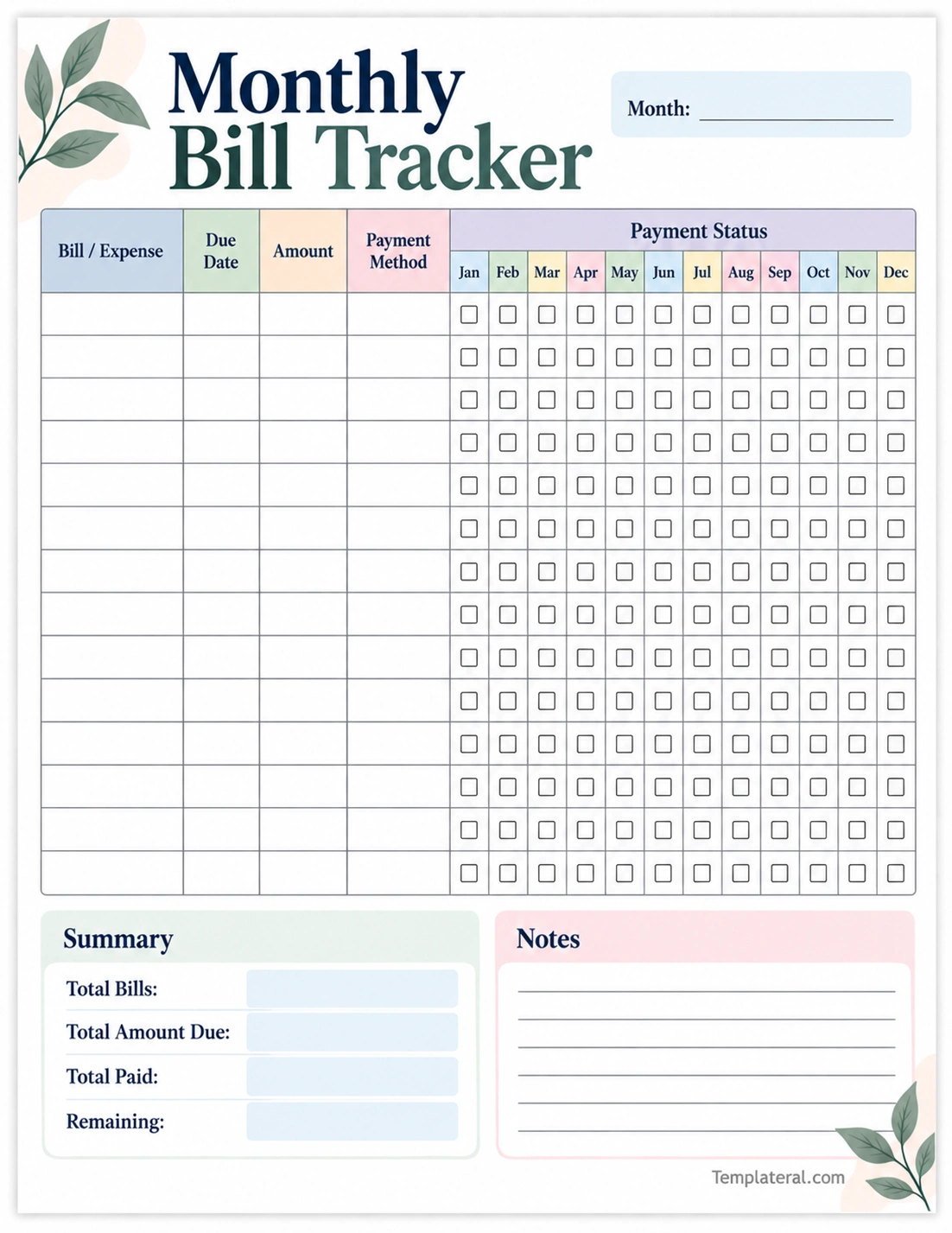 Monthly Bill Tracker Template Printable monthly bill tracker template for organizing bills and payment status