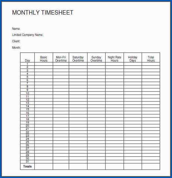 Monthly Timesheet Template Example