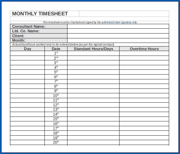Monthly Timesheet Template Sample