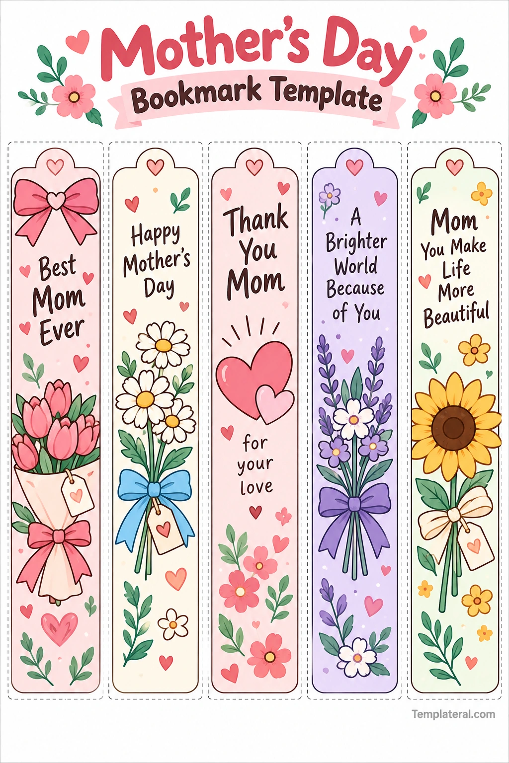 Mother's Day Bookmark Template Printable Mother's Day bookmark template with five pastel floral designs, hearts, bows, and loving messages for Mom