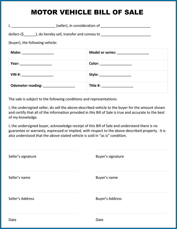 Motor Vehicle Bill Of Sale Template Example