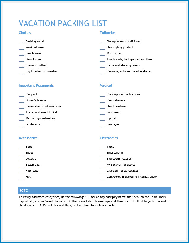 Free Printable Packing List Template