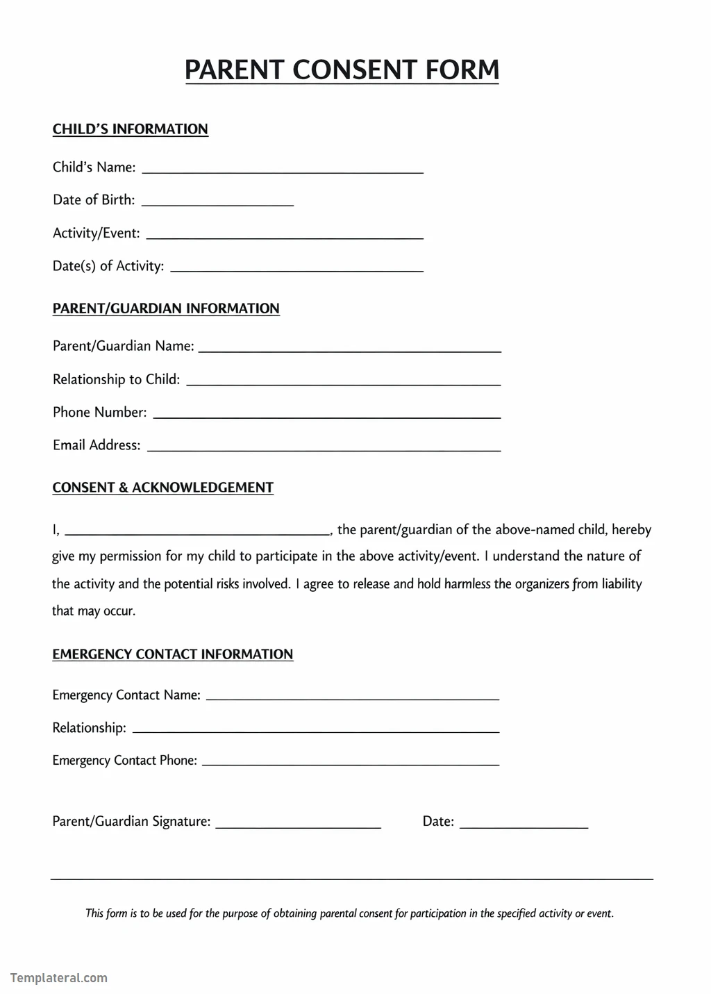 Printable Parent Consent Form Template