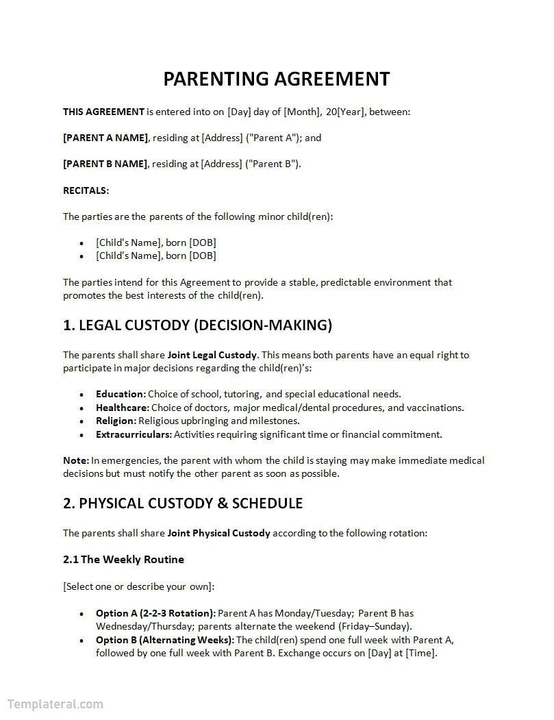 Editable Parenting Agreement Template Word