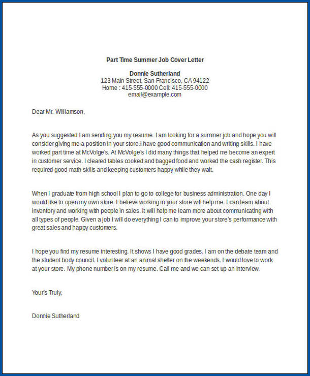 Part Time Job Cover Letter Template Example