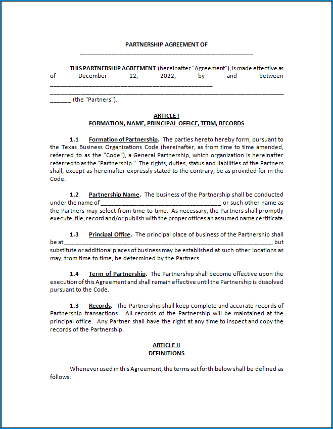 Free Printable Partnership Agreement Template