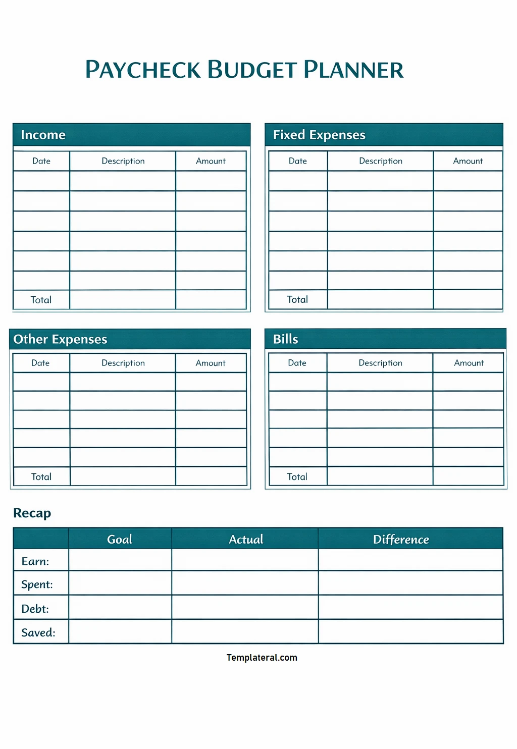 Simple Blank Paycheck Budget Template