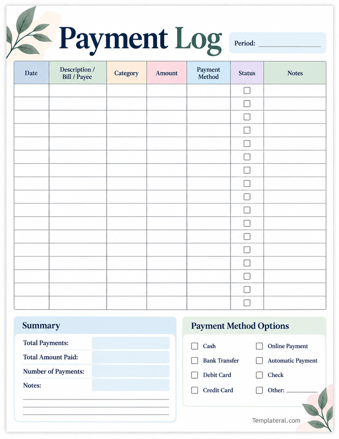 Payment Log Template Printable payment log template for recording payment dates amounts and methods