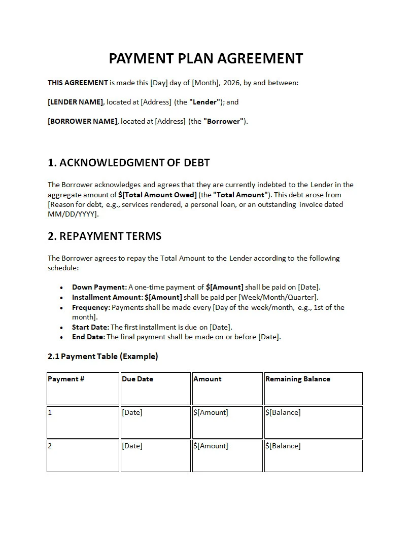 Payment Plan Agreement Template Editable Payment Plan Agreement Template Word