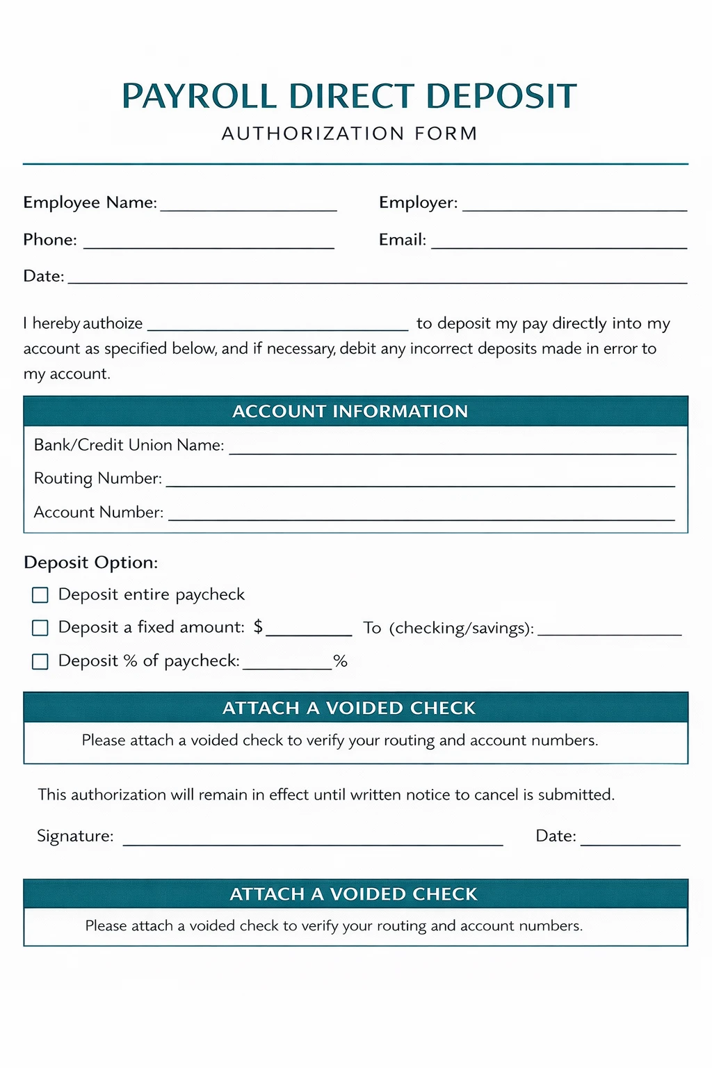 Payroll Direct Deposit Form Template PDF