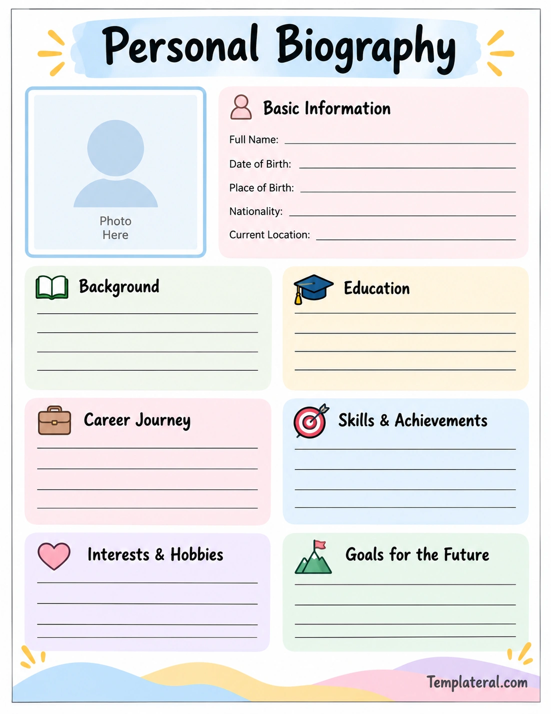 Personal Biography Template Personal Biography template with sections for background, education, career, skills, interests, and goals