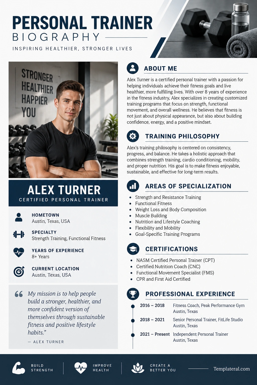Personal Trainer Biography Template Personal Trainer Biography example featuring a fitness trainer profile, training philosophy, certifications, specializations, and professional experience