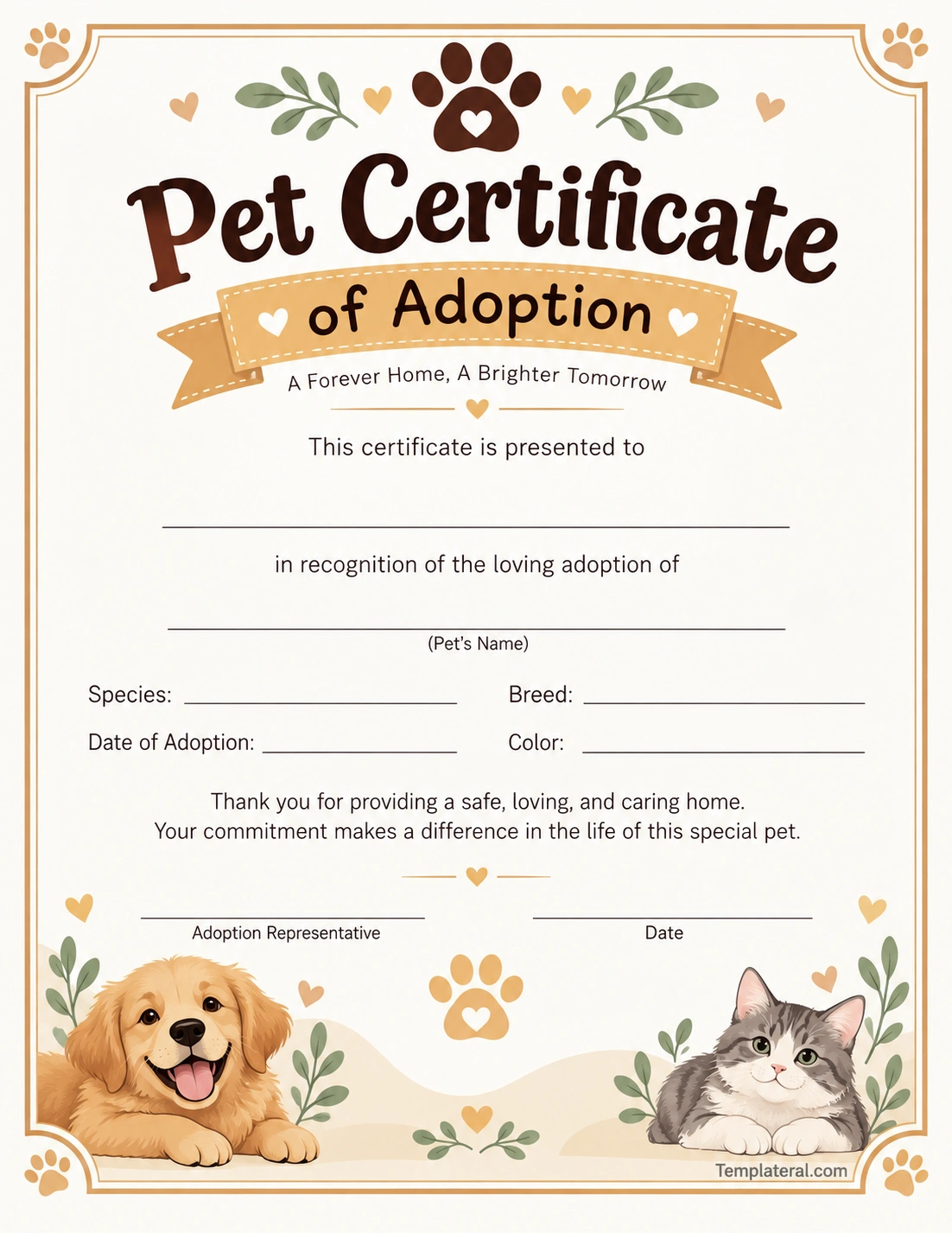 Pet Certificate of Adoption Template Pet certificate of adoption template with pet name, adopter name, adoption date, and certificate details