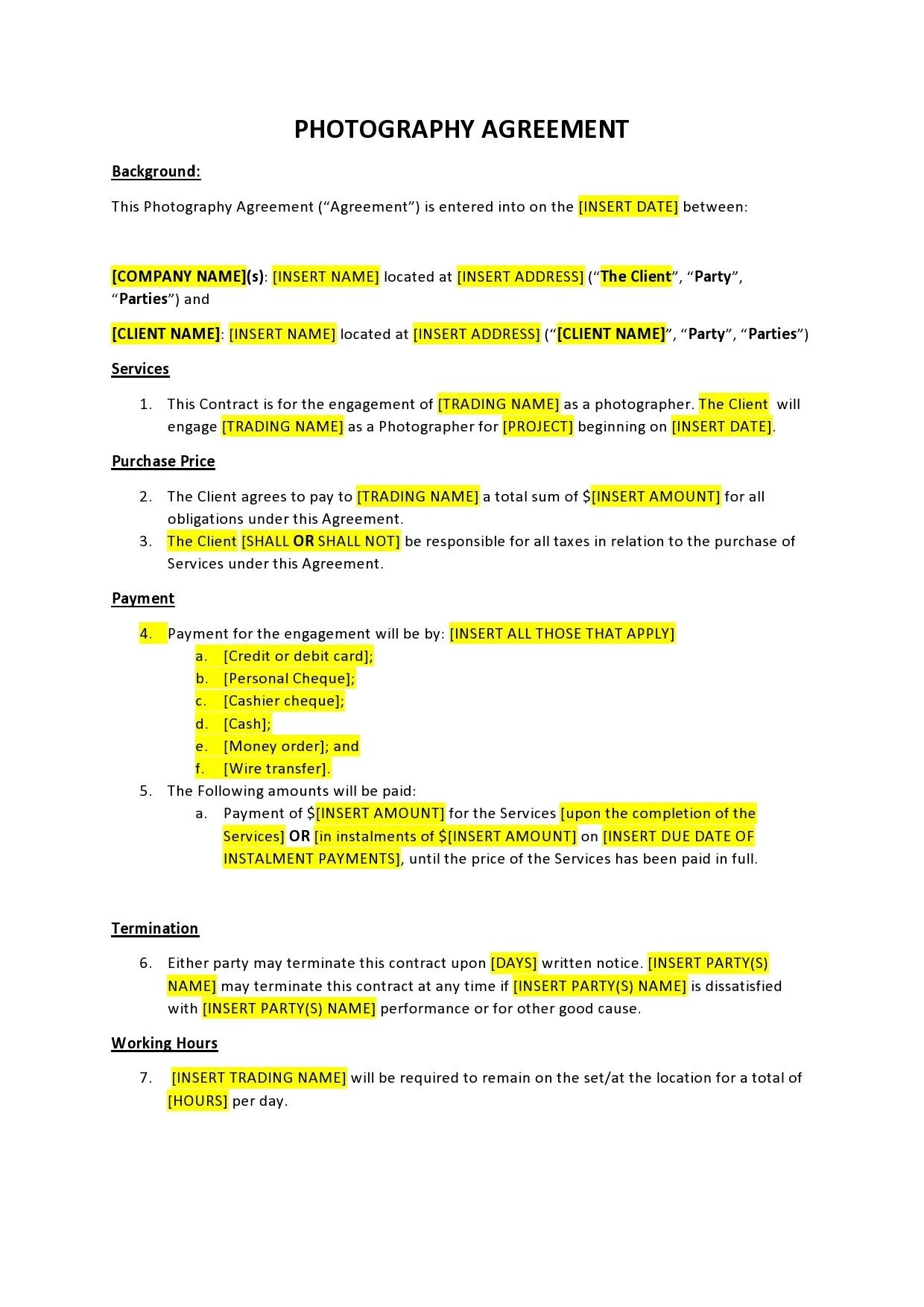 Photography Agreement Template Word