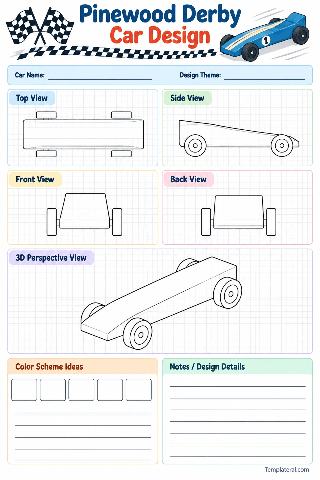 Pinewood Derby Car Designs Printable pinewood derby car design template with top, side, front, back, and perspective views