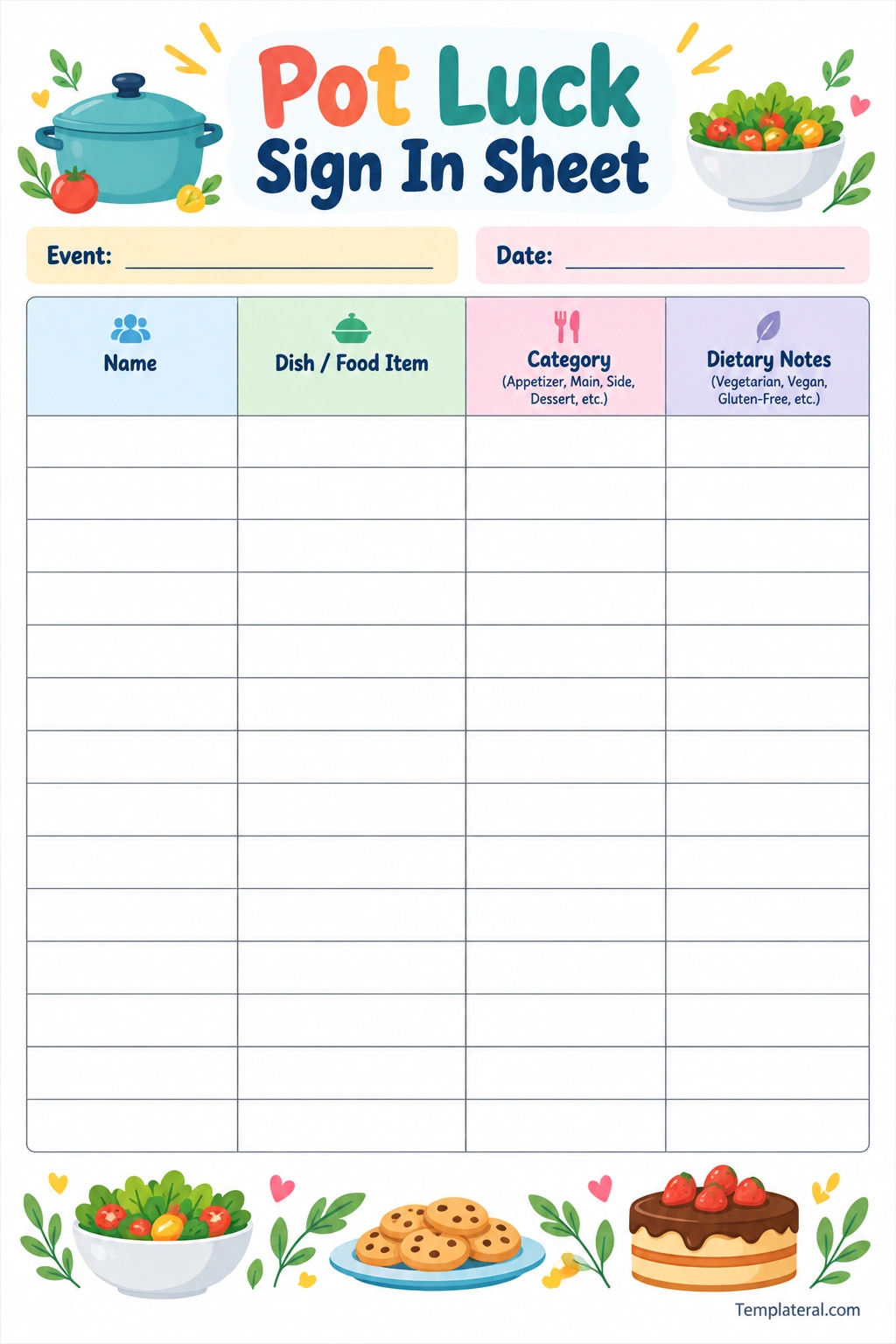 Printable pot luck sign in sheet template for recording guests and dishes