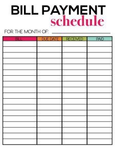 Printable Bills Payment Schedule Template
