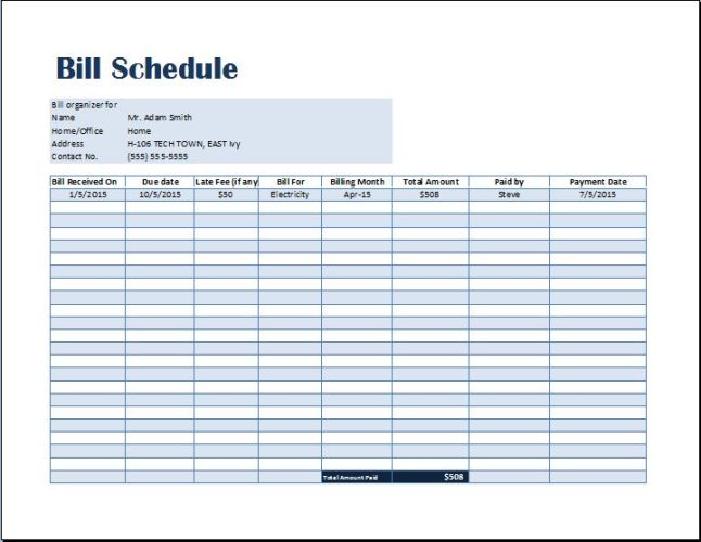 Printable Bills Payment Schedule Template Sample Templateral