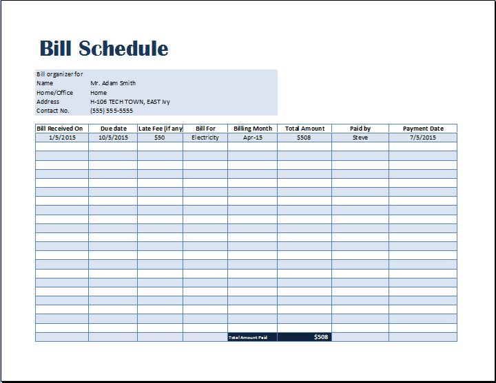 Printable Bills Payment Schedule Template Sample