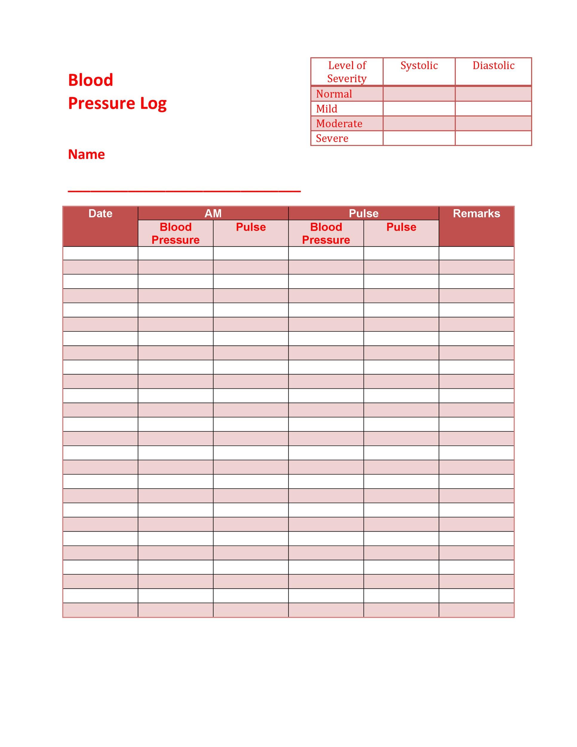 Printable Blood Pressure Log Template