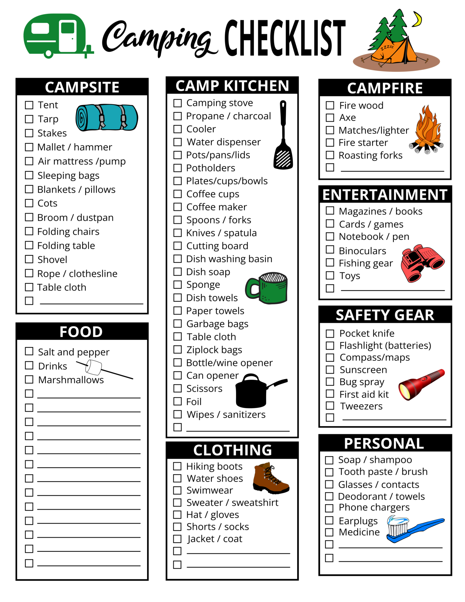 Printable Camping Checklist Template Sample | Templateral