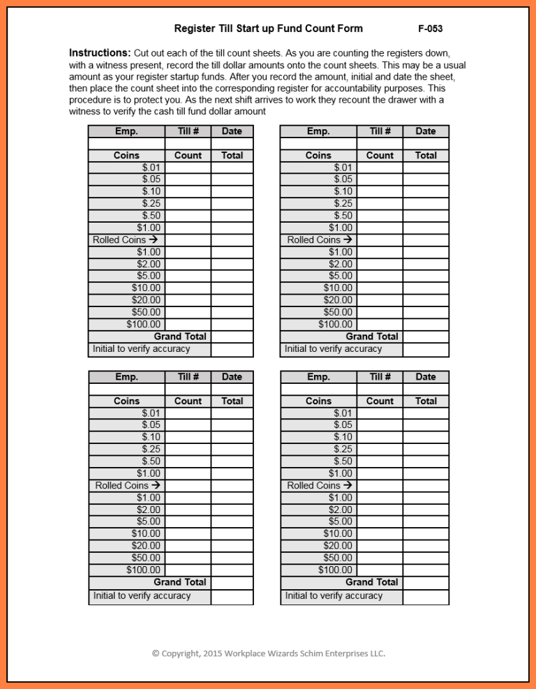 √ Printable Closing Cash Register Template