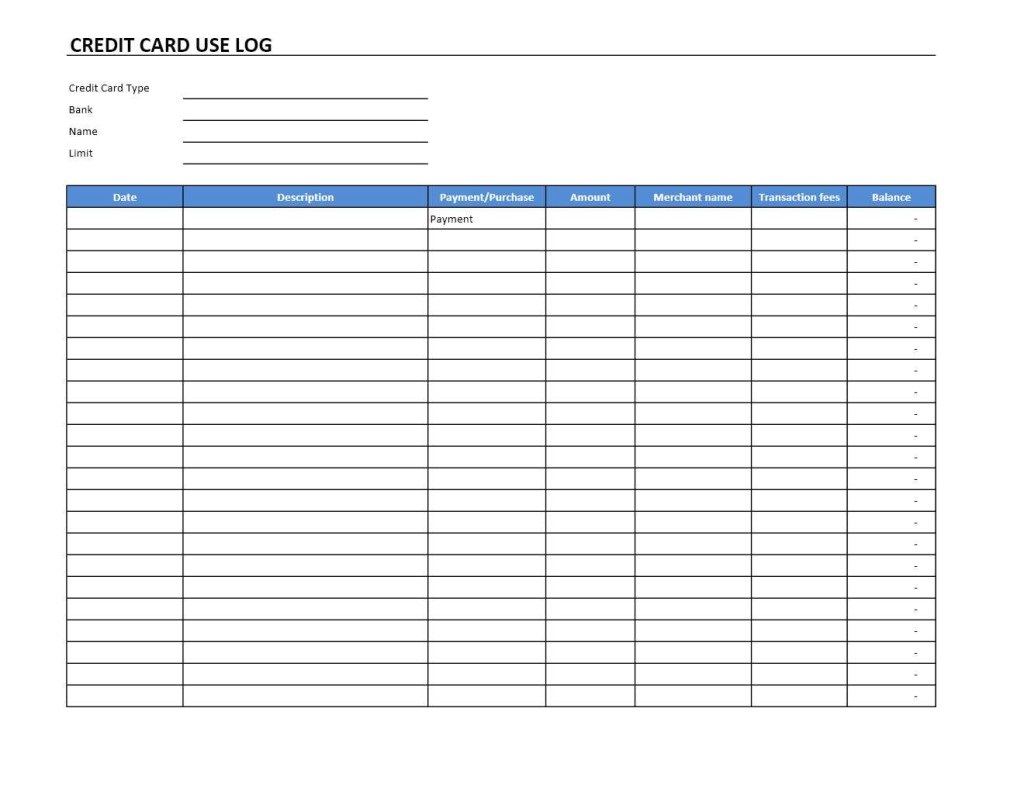 Printable Credit Card Use Log Template