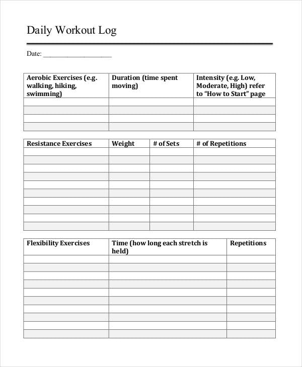 Printable Daily Workout Log Template Example Printable Daily Workout Log Template Example