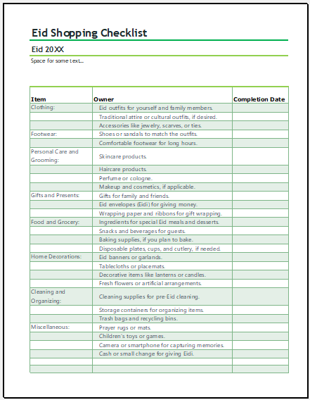 Printable Eid Shopping Checklist Template Example
