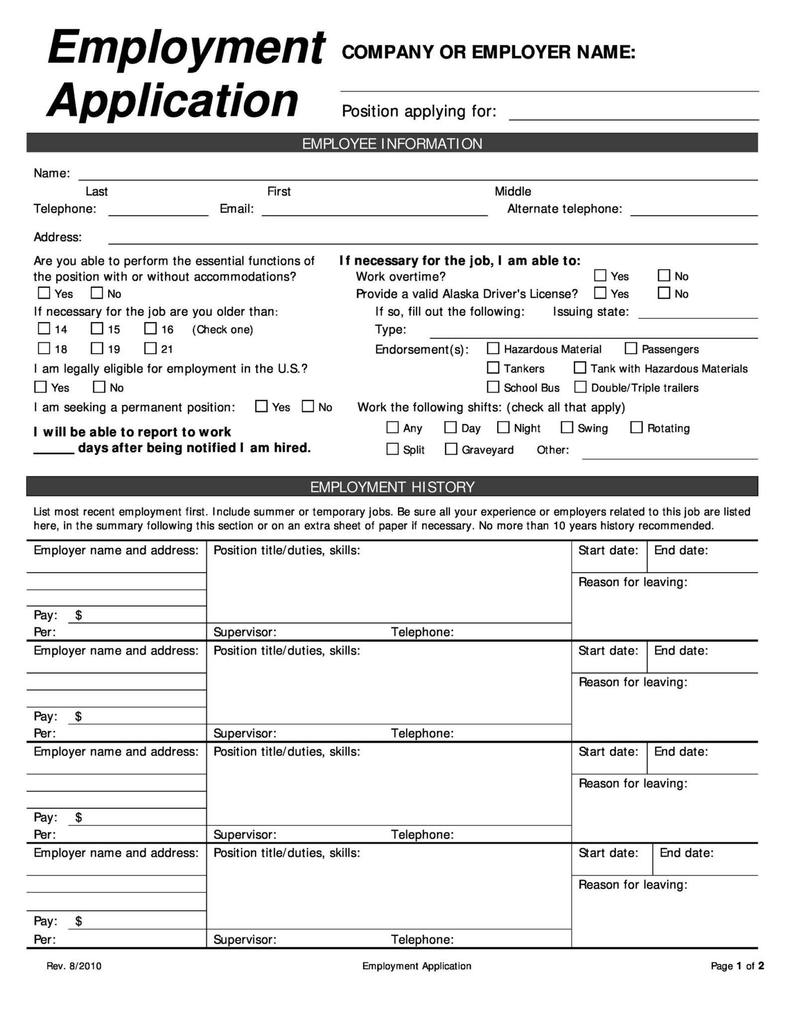 √ Printable Employment Application Template