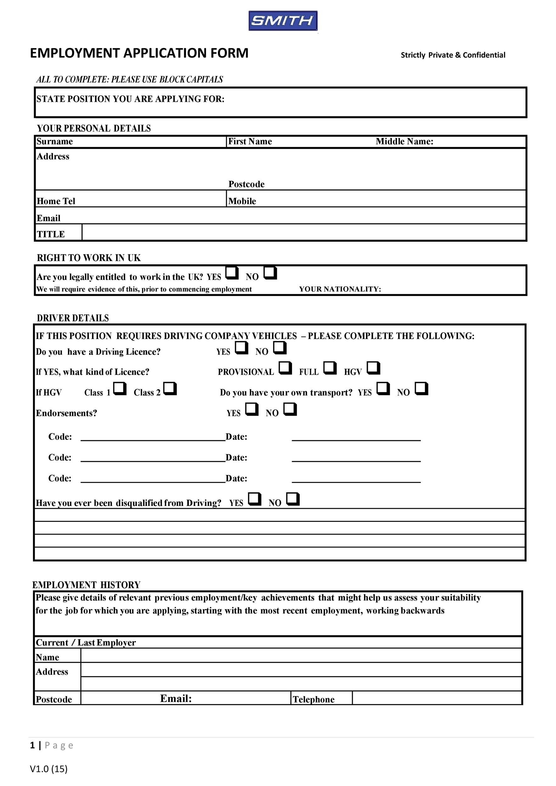 Printable Employment Application Template Sample