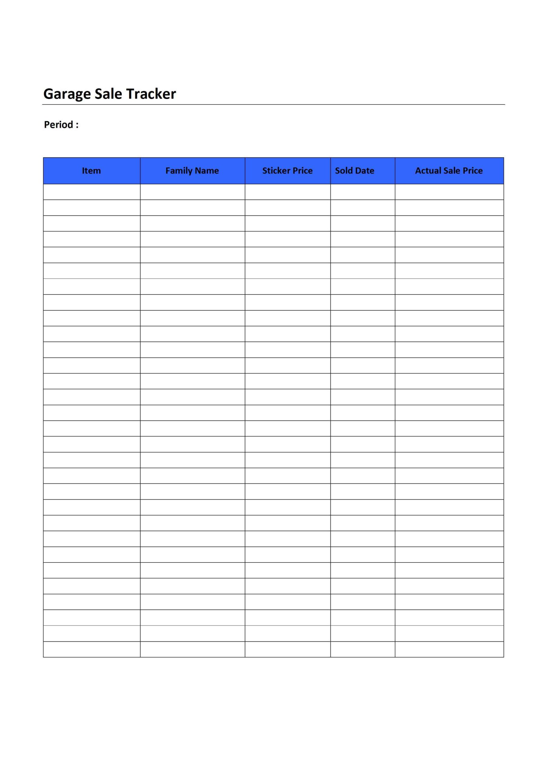 Printable Garage Sale Tracker Template