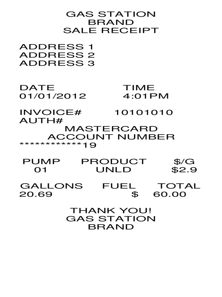 Printable Gas Receipt Template