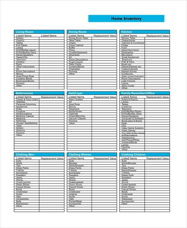 Printable Home Inventory Template Example