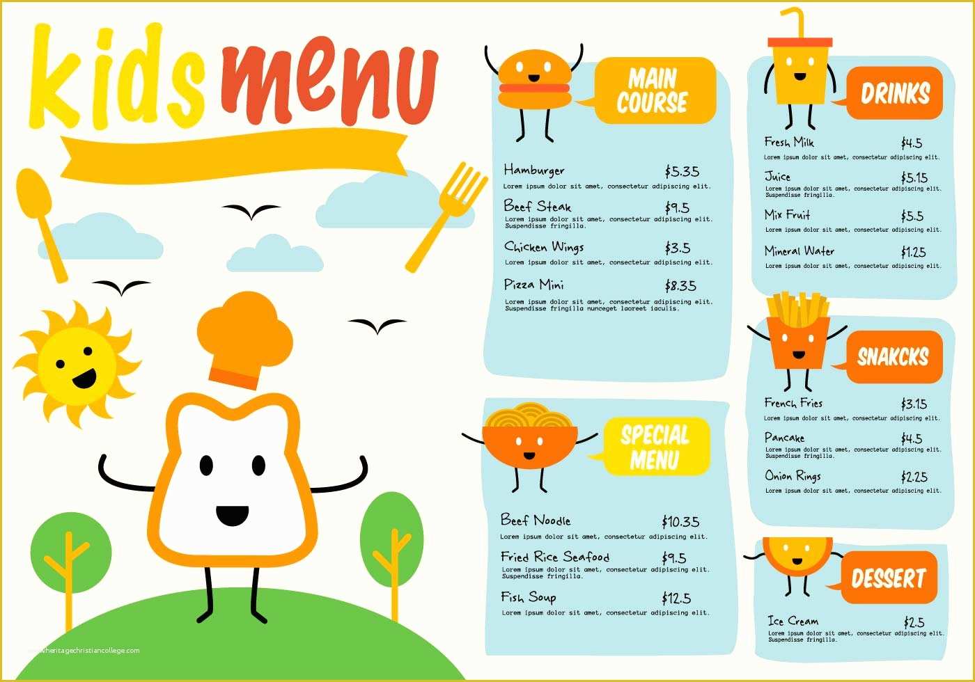 Printable Kids Menu Template