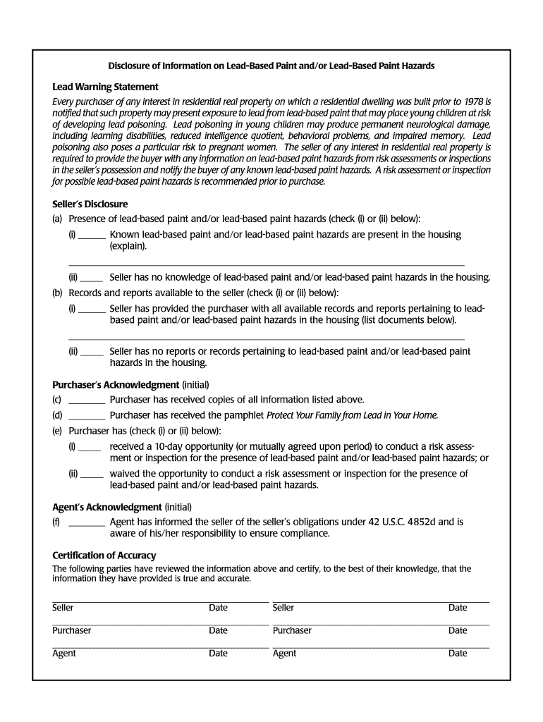 Printable Lead Based Paint Disclosure Form Example